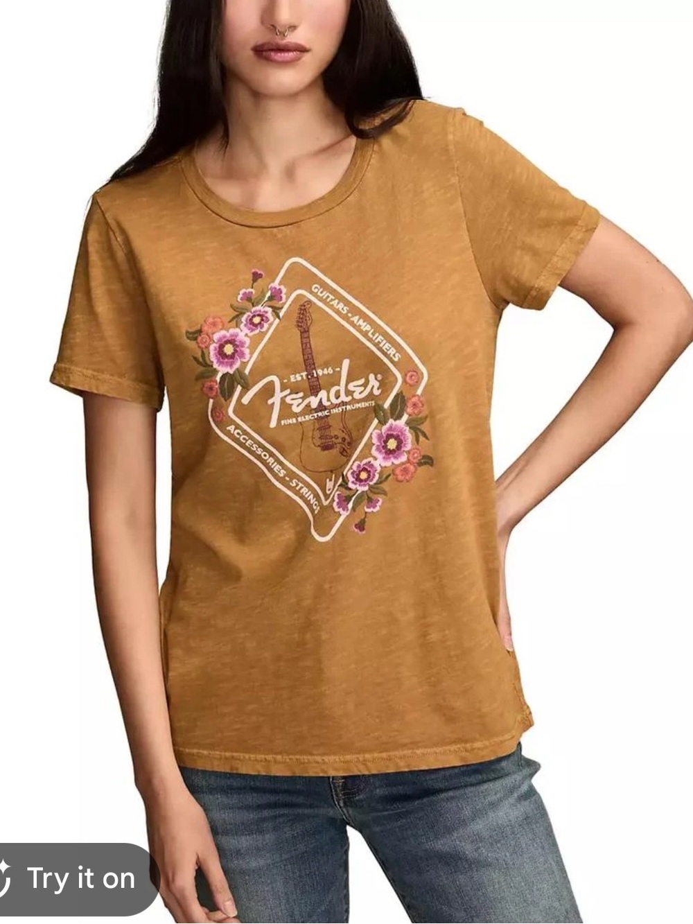 NWT!  Lucky Fender Mustard Floral Graphic Crew Neck Tee, size large
